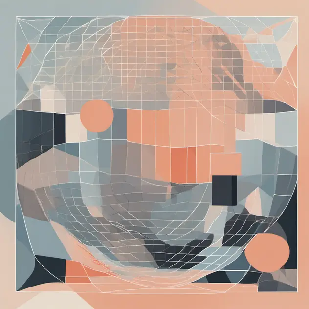 Abstract illustration of overlapping geometric shapes in soft blue, grey and peach, with a transparent net stretched across them like a safety net