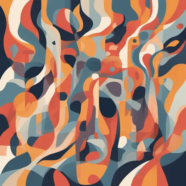 Abstract illustration of flowing, overlapping shapes in orange, red, navy and pale blue